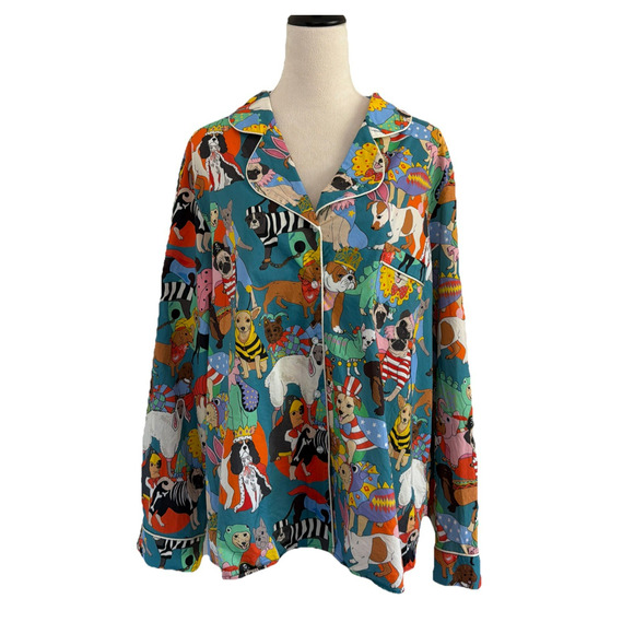 Karen Mabon Pajama Top Womens XL Fancy Dress Dogs Organic Cotton TOP ONLY - Picture 2 of 11